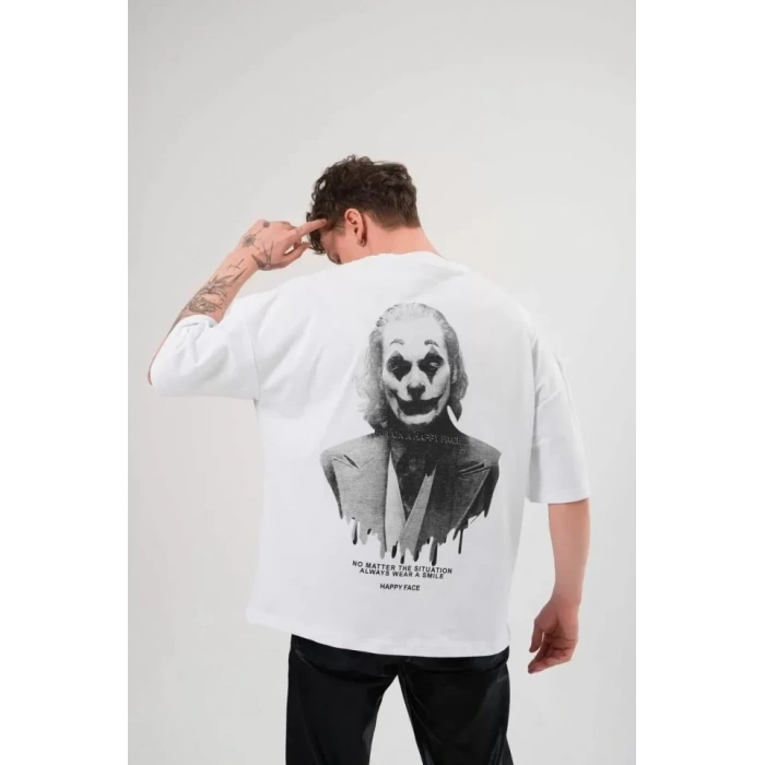 Biçomi Unisex Bisiklet Yaka Baskılı Oversize T-Shirt - Beyaz