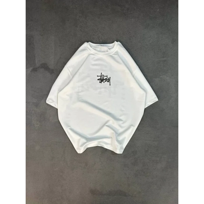Biçomi Unisex Bisiklet Yaka Baskılı Oversize T-Shirt - Beyaz
