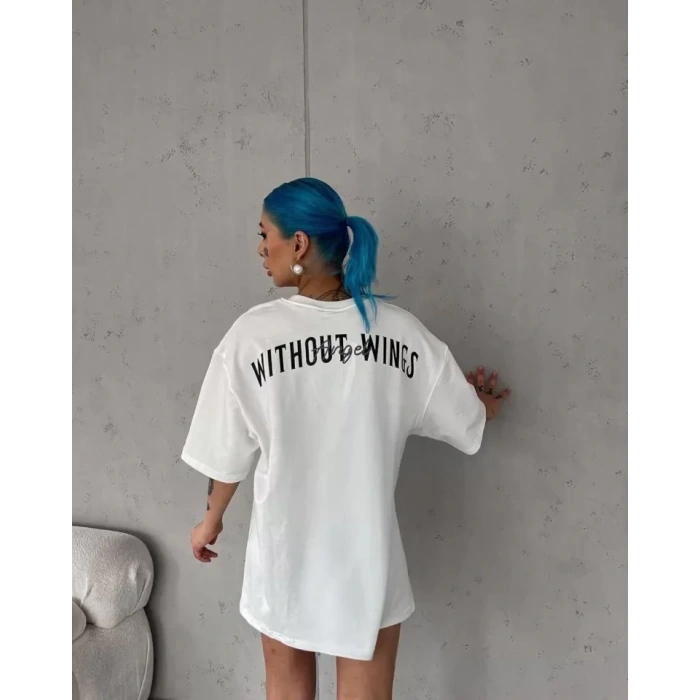 Biçomi Unisex Bisiklet Yaka Baskılı Oversize T-Shirt - Beyaz