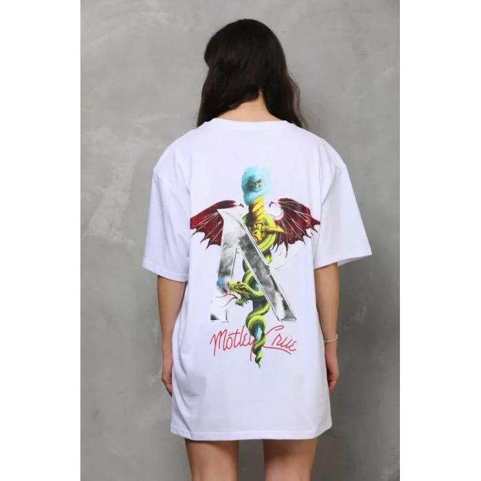 Biçomi Unisex Bisiklet Yaka Baskılı Oversize T-Shirt - Beyaz