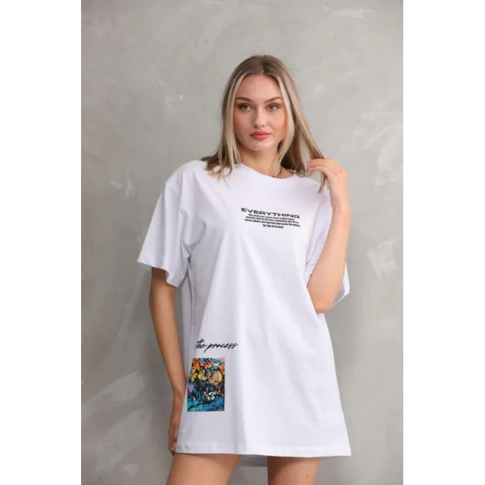 Biçomi Unisex Bisiklet Yaka Baskılı Oversize T-Shirt - Beyaz