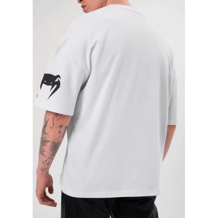 Biçomi Unisex Bisiklet Yaka Baskılı Oversize T-Shirt - Beyaz