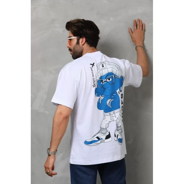 Biçomi Unisex Bisiklet Yaka Baskılı Oversize T-Shirt - Beyaz