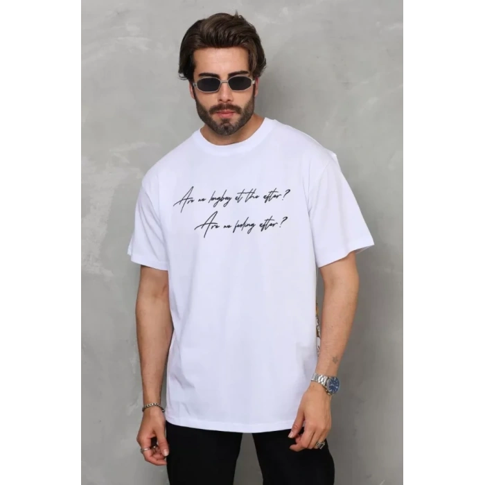 Biçomi Unisex Bisiklet Yaka Baskılı Oversize T-Shirt - Beyaz