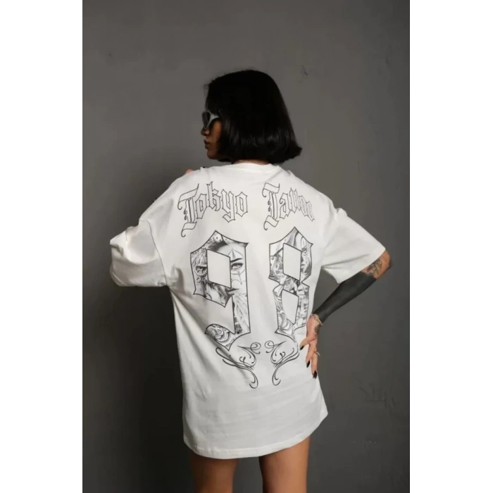 Biçomi Unisex Bisiklet Yaka Baskılı Oversize T-Shirt - Beyaz