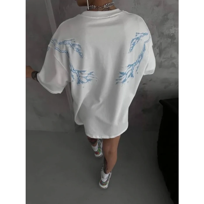 Biçomi Unisex Bisiklet Yaka Baskılı Oversize T-Shirt - Beyaz