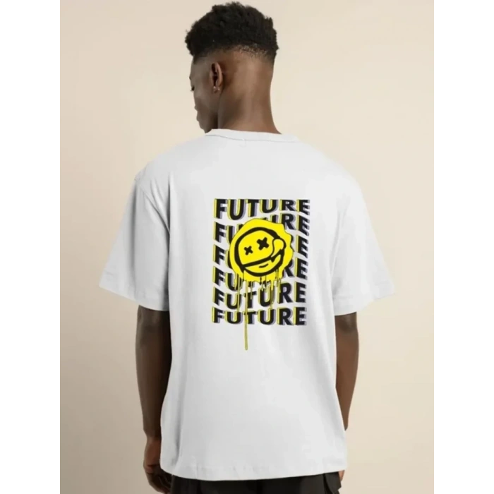Biçomi Unisex Bisiklet Yaka Baskılı Oversize T-Shirt - Beyaz