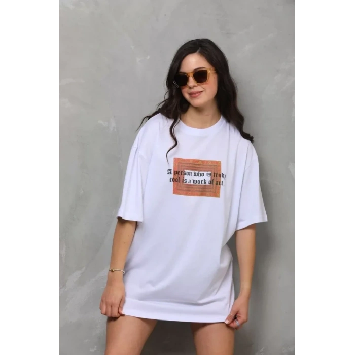 Biçomi Unisex Bisiklet Yaka Baskılı Oversize T-Shirt - Beyaz