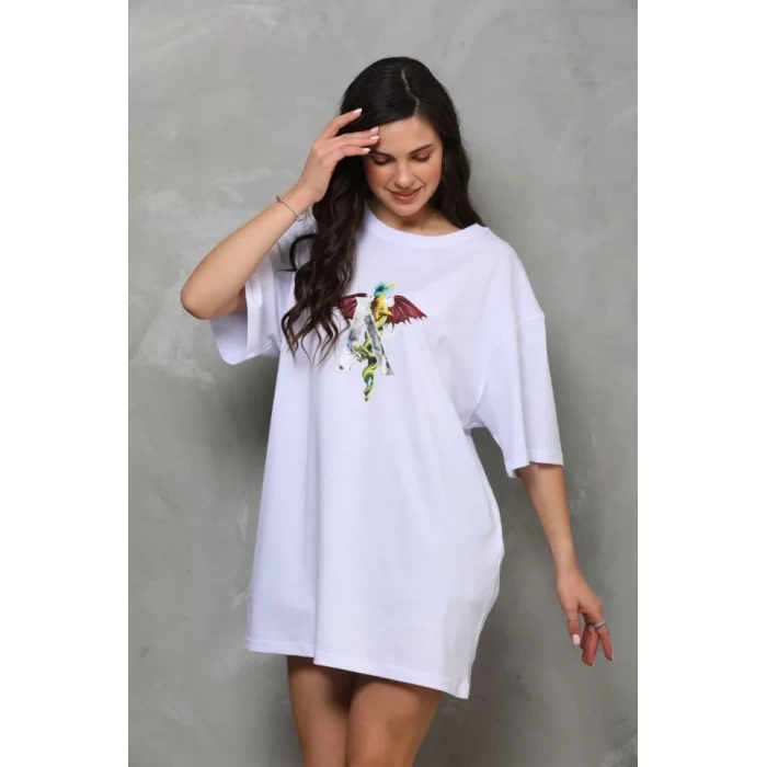 Biçomi Unisex Bisiklet Yaka Baskılı Oversize T-Shirt - Beyaz