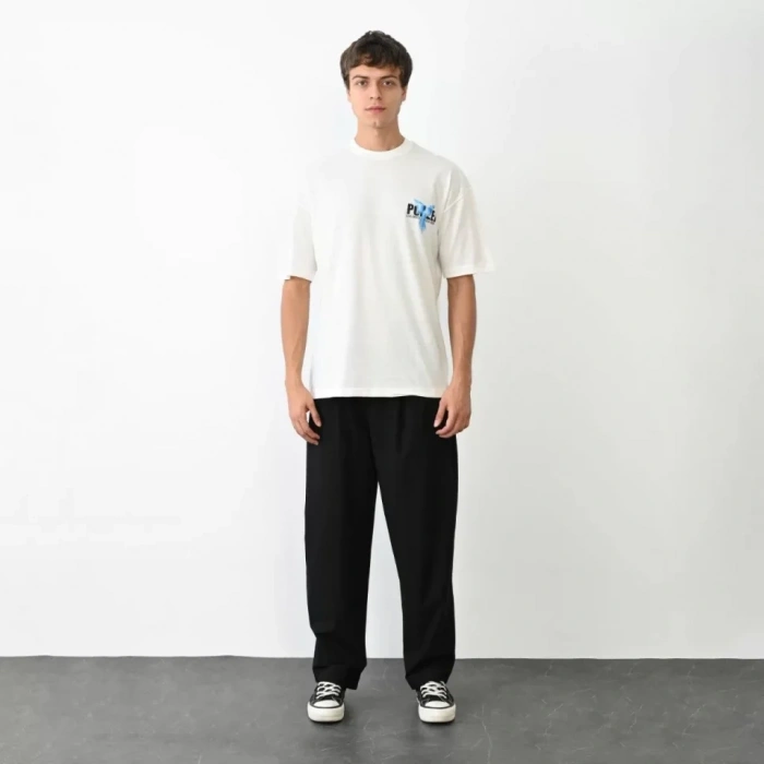 Biçomi Unisex Bisiklet Yaka Baskılı Oversize T-Shirt - Beyaz