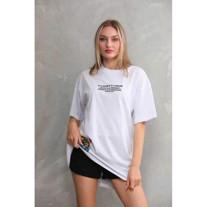 Biçomi Unisex Bisiklet Yaka Baskılı Oversize T-Shirt - Beyaz