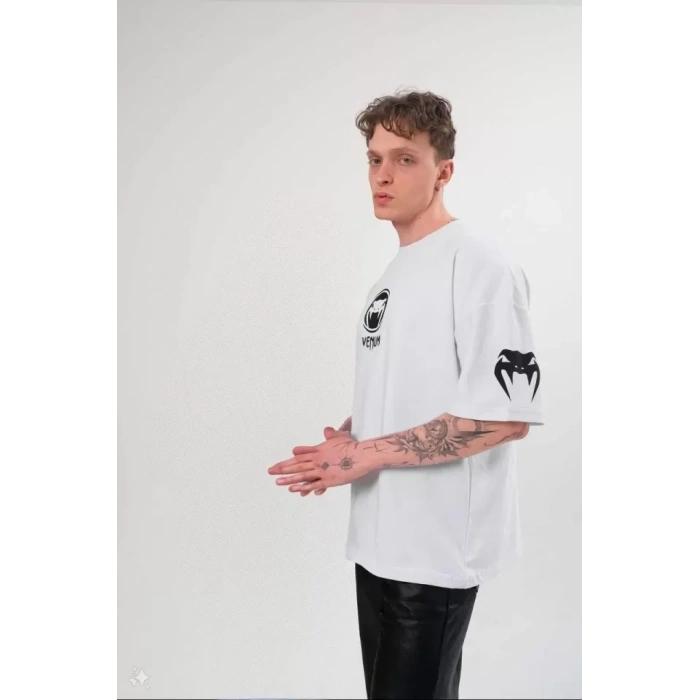 Biçomi Unisex Bisiklet Yaka Baskılı Oversize T-Shirt - Beyaz