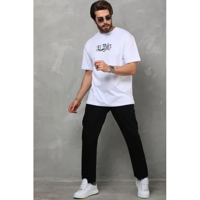 Biçomi Unisex Bisiklet Yaka Baskılı Oversize T-Shirt - Beyaz