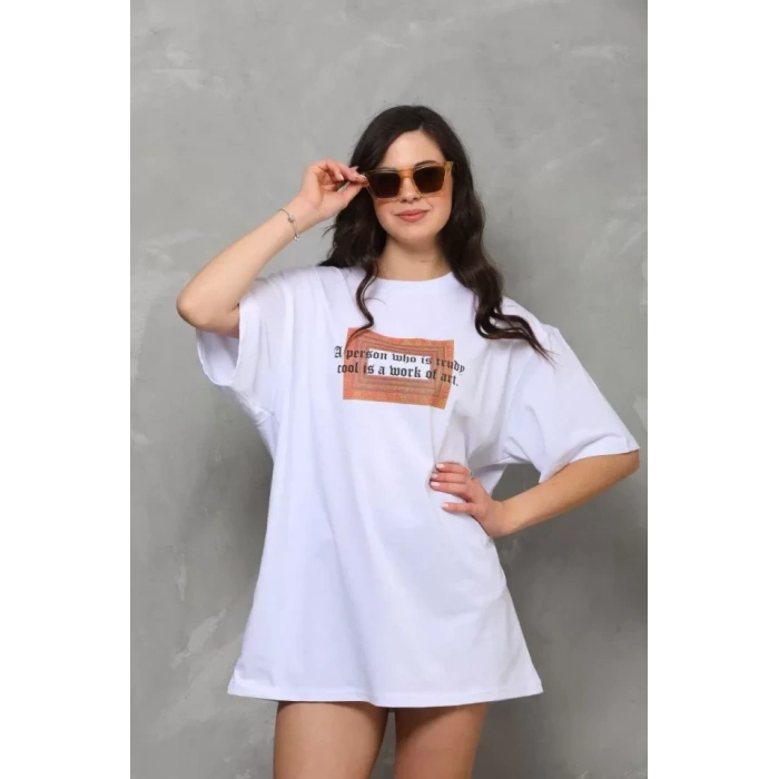 Biçomi Unisex Bisiklet Yaka Baskılı Oversize T-Shirt - Beyaz