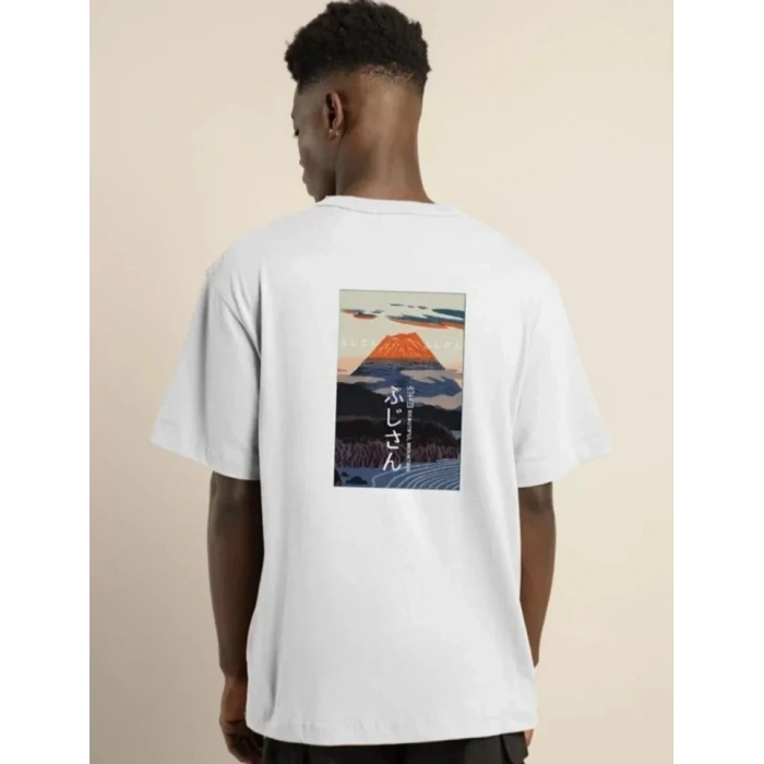 Biçomi Unisex Bisiklet Yaka Baskılı Oversize T-Shirt - Beyaz