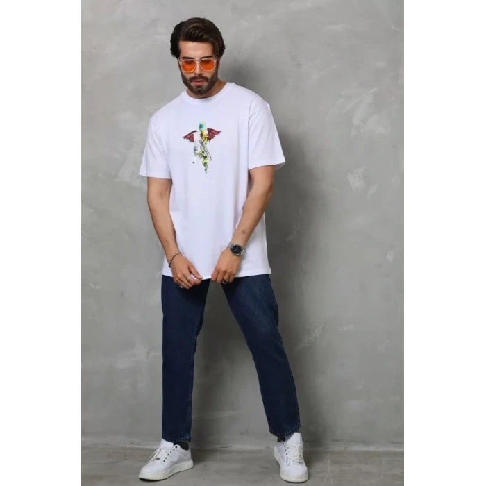 Biçomi Unisex Bisiklet Yaka Baskılı Oversize T-Shirt - Beyaz
