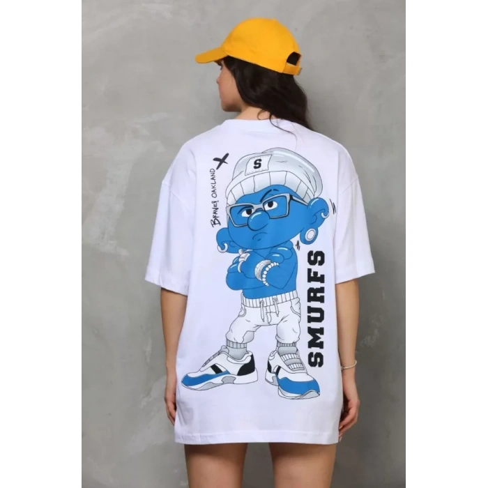 Biçomi Unisex Bisiklet Yaka Baskılı Oversize T-Shirt - Beyaz
