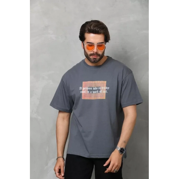 Biçomi Unisex Bisiklet Yaka Baskılı Oversize T-Shirt - Füme