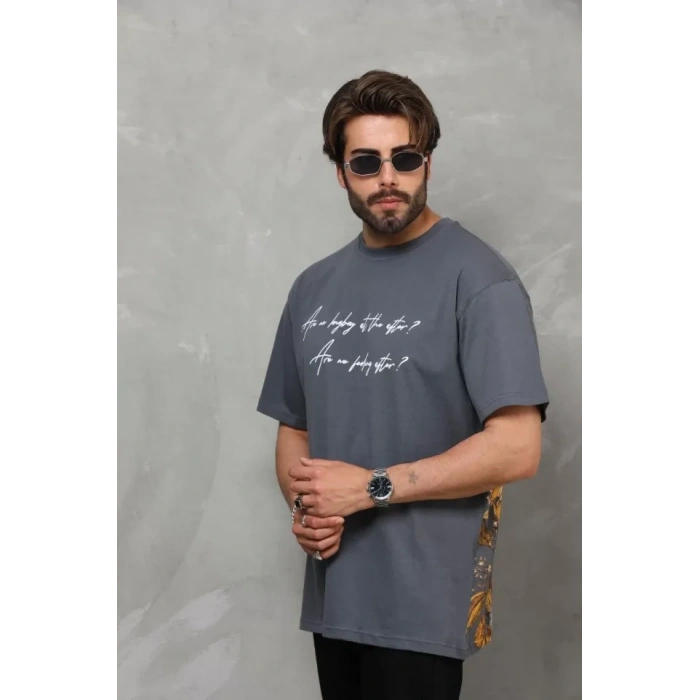 Biçomi Unisex Bisiklet Yaka Baskılı Oversize T-Shirt - Füme