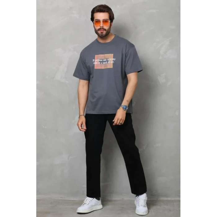 Biçomi Unisex Bisiklet Yaka Baskılı Oversize T-Shirt - Füme