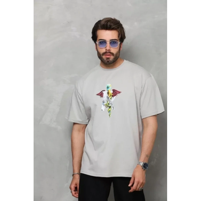 Biçomi Unisex Bisiklet Yaka Baskılı Oversize T-Shirt - Gri