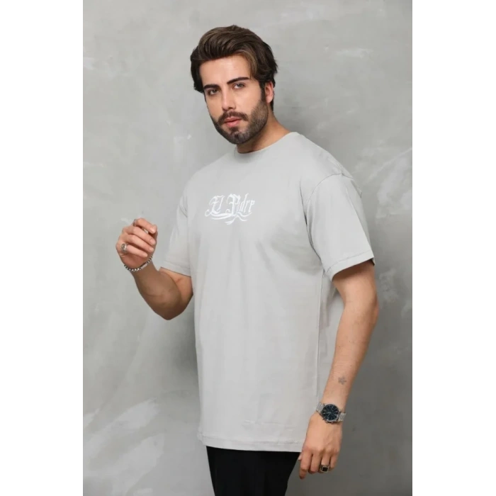 Biçomi Unisex Bisiklet Yaka Baskılı Oversize T-Shirt - Gri