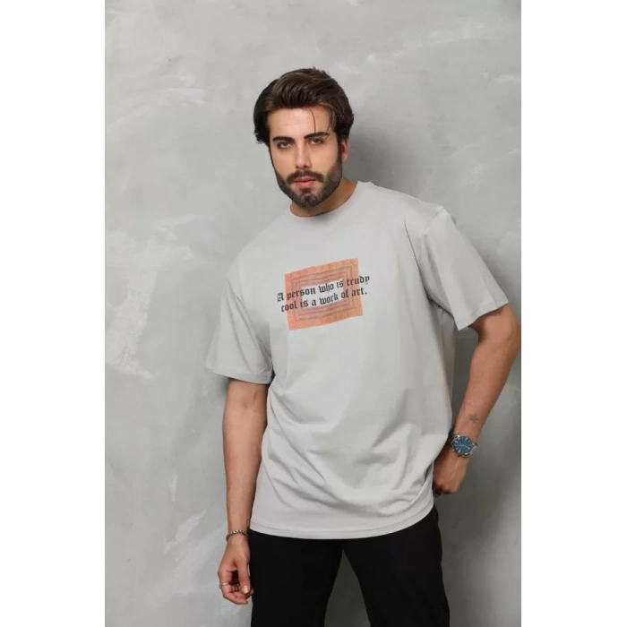 Biçomi Unisex Bisiklet Yaka Baskılı Oversize T-Shirt - Gri