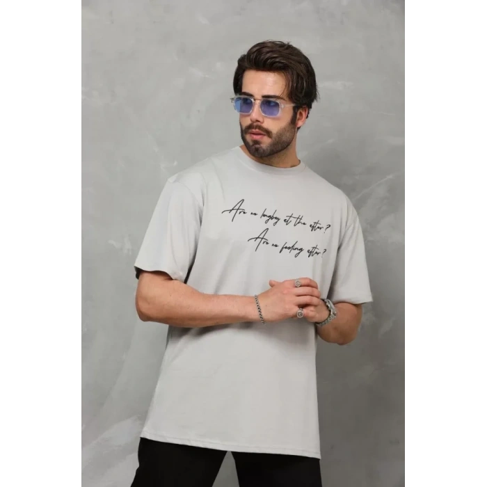 Biçomi Unisex Bisiklet Yaka Baskılı Oversize T-Shirt - Gri