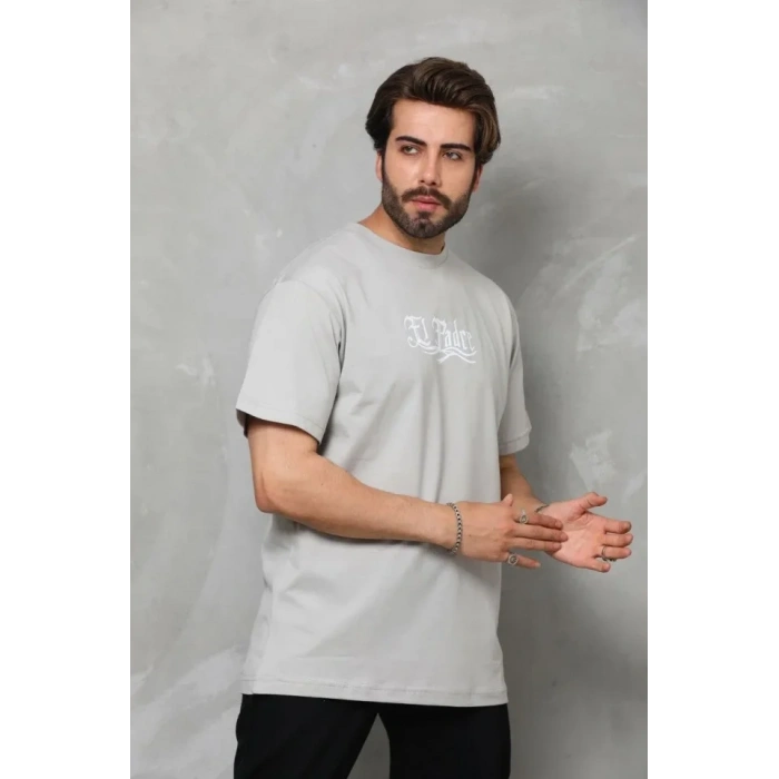 Biçomi Unisex Bisiklet Yaka Baskılı Oversize T-Shirt - Gri