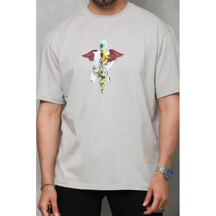 Biçomi Unisex Bisiklet Yaka Baskılı Oversize T-Shirt - Gri