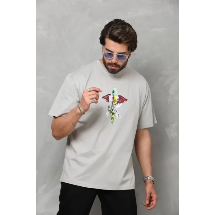 Biçomi Unisex Bisiklet Yaka Baskılı Oversize T-Shirt - Gri