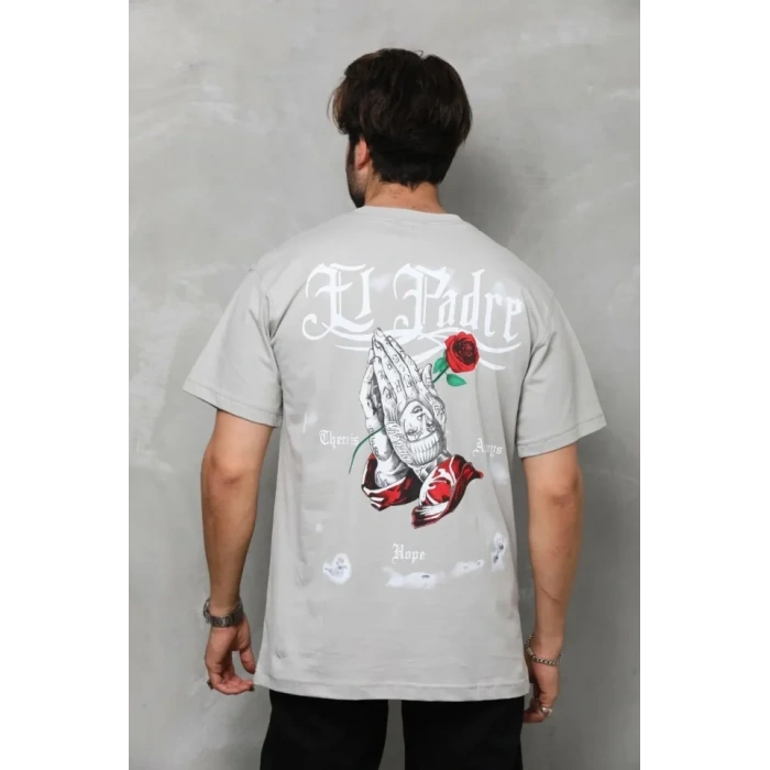 Biçomi Unisex Bisiklet Yaka Baskılı Oversize T-Shirt - Gri