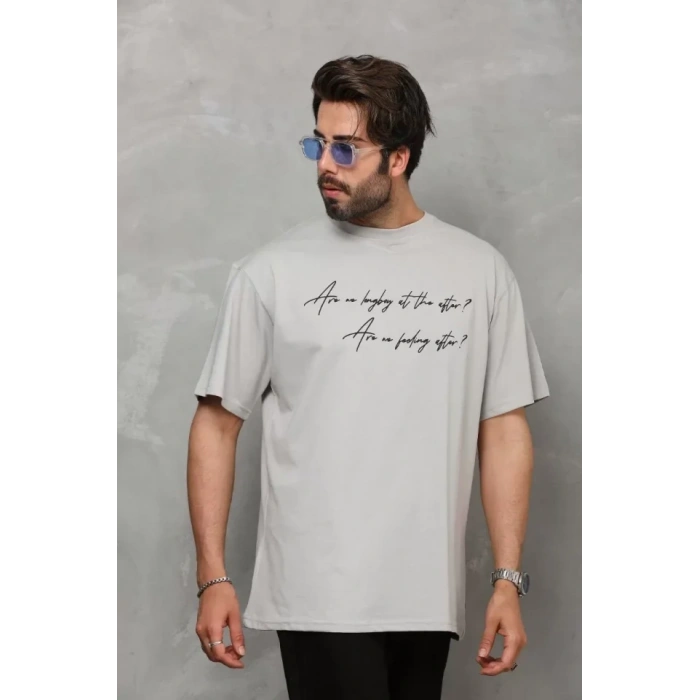Biçomi Unisex Bisiklet Yaka Baskılı Oversize T-Shirt - Gri