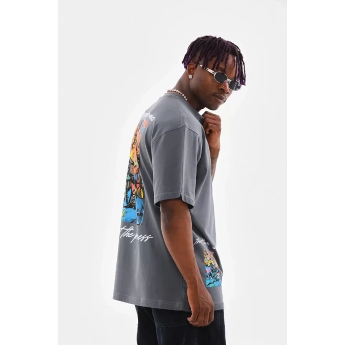 Biçomi Unisex Bisiklet Yaka Baskılı Oversize T-Shirt - Gri