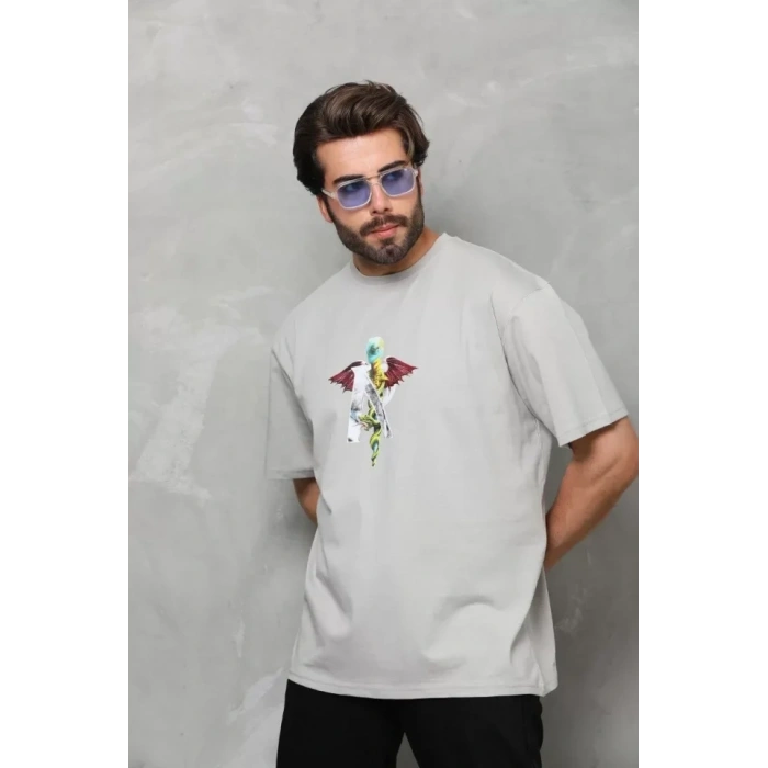 Biçomi Unisex Bisiklet Yaka Baskılı Oversize T-Shirt - Gri