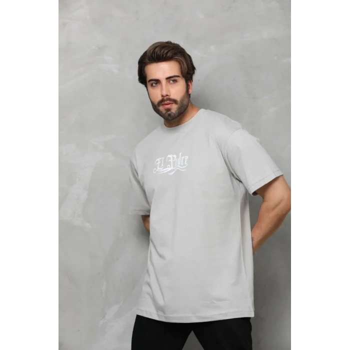 Biçomi Unisex Bisiklet Yaka Baskılı Oversize T-Shirt - Gri