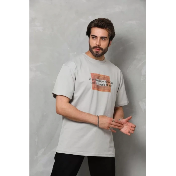 Biçomi Unisex Bisiklet Yaka Baskılı Oversize T-Shirt - Gri
