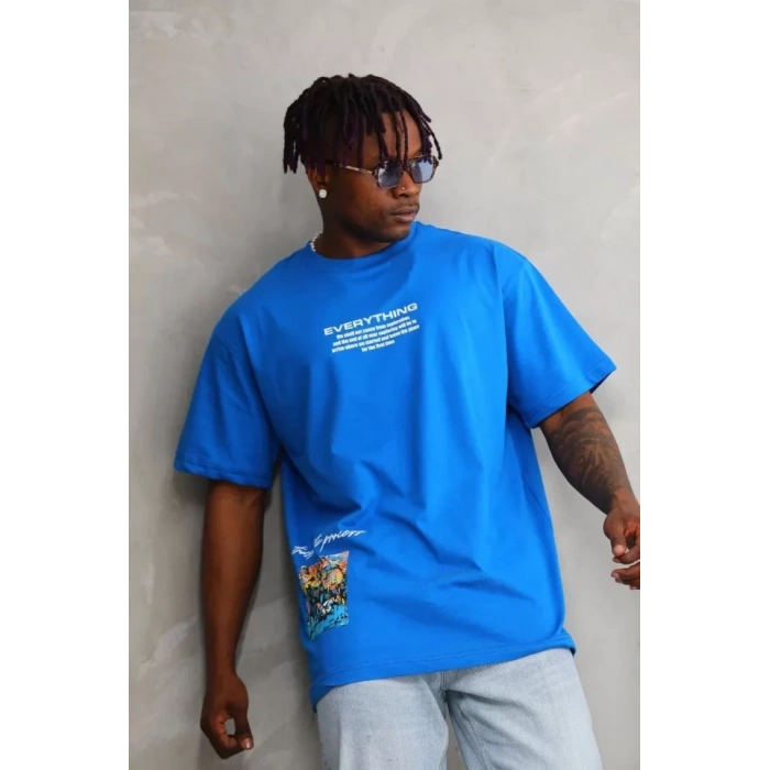 Biçomi Unisex Bisiklet Yaka Baskılı Oversize T-Shirt - Mavi