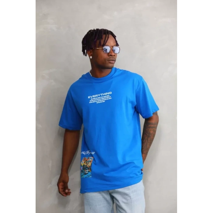 Biçomi Unisex Bisiklet Yaka Baskılı Oversize T-Shirt - Mavi