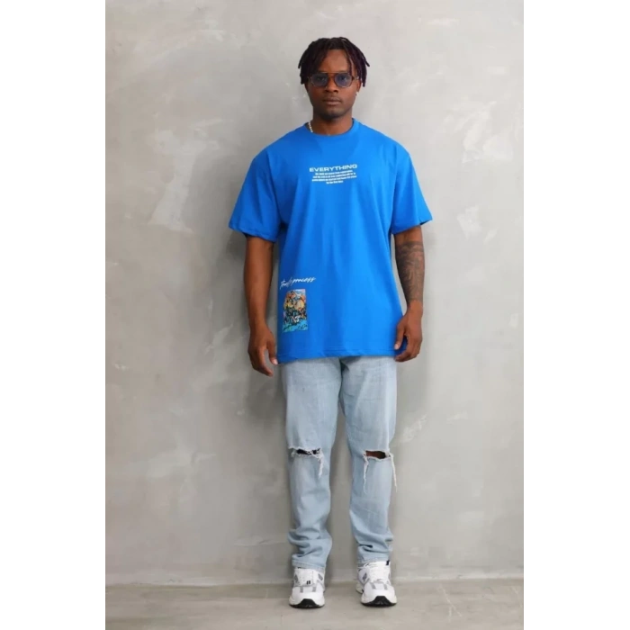 Biçomi Unisex Bisiklet Yaka Baskılı Oversize T-Shirt - Mavi