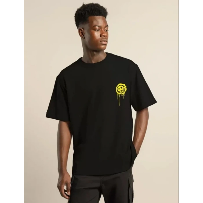 Biçomi Unisex Bisiklet Yaka Baskılı Oversize T-Shirt - Siyah