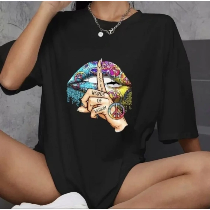 Biçomi Unisex Bisiklet Yaka Baskılı Oversize T-Shirt - Siyah