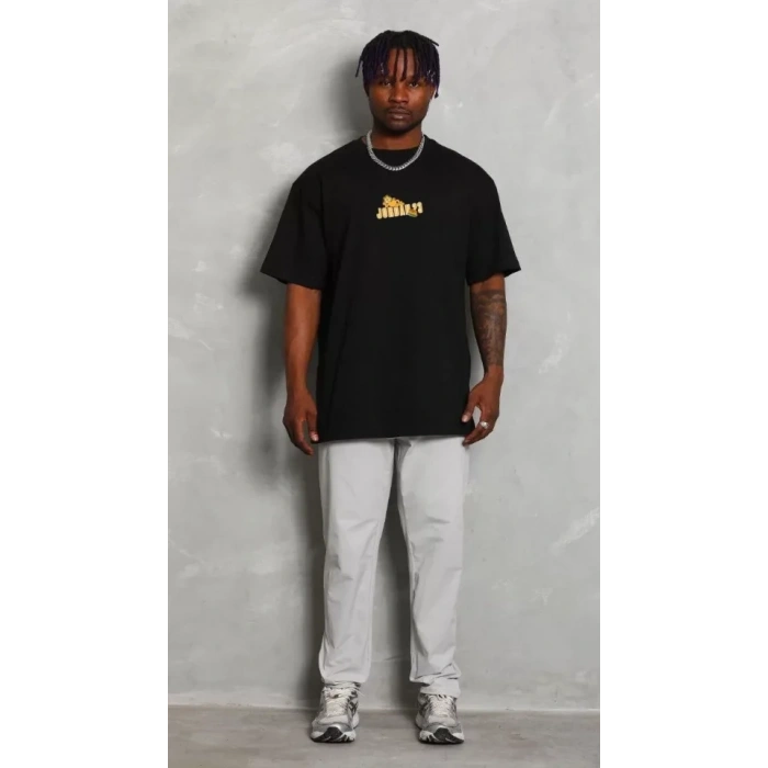 Biçomi Unisex Bisiklet Yaka Baskılı Oversize T-Shirt - Siyah