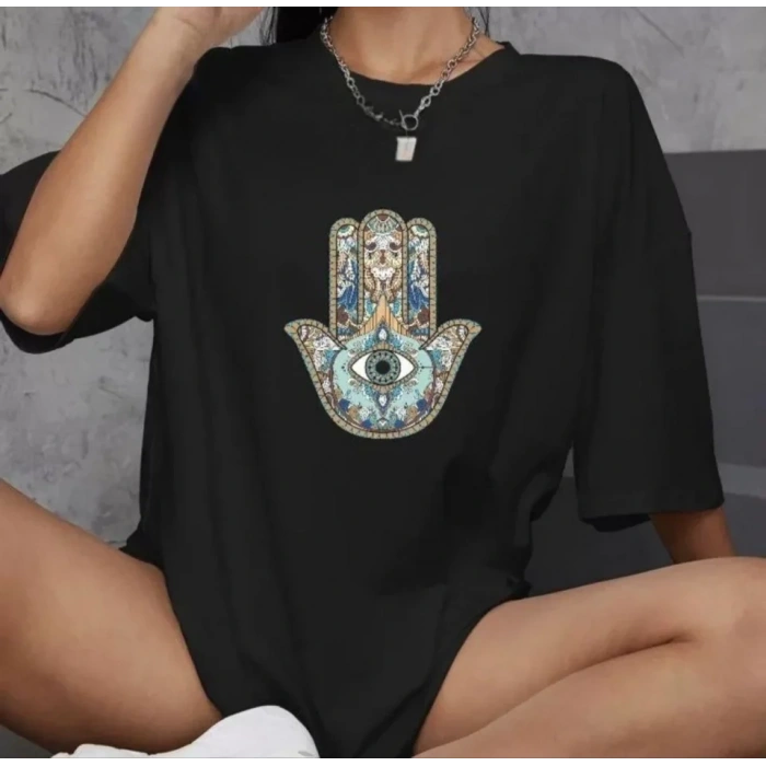 Biçomi Unisex Bisiklet Yaka Baskılı Oversize T-Shirt - Siyah