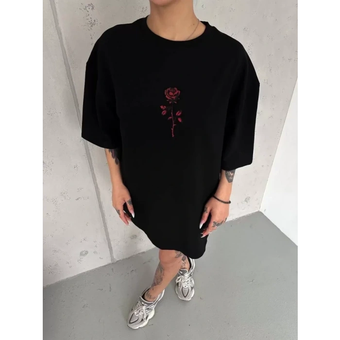 Biçomi Unisex Bisiklet Yaka Baskılı Oversize T-Shirt - Siyah