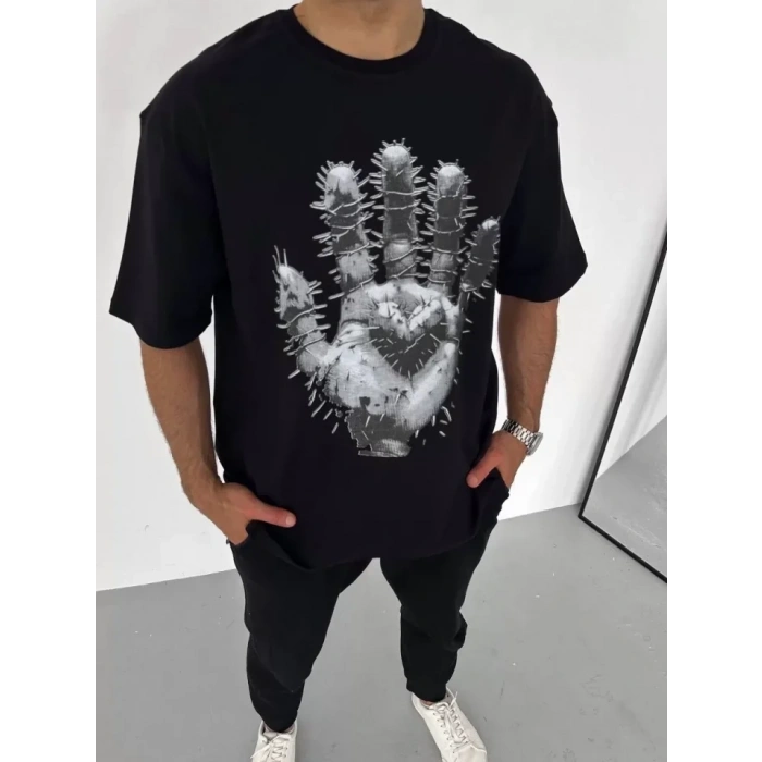 Biçomi Unisex Bisiklet Yaka Baskılı Oversize T-Shirt - Siyah