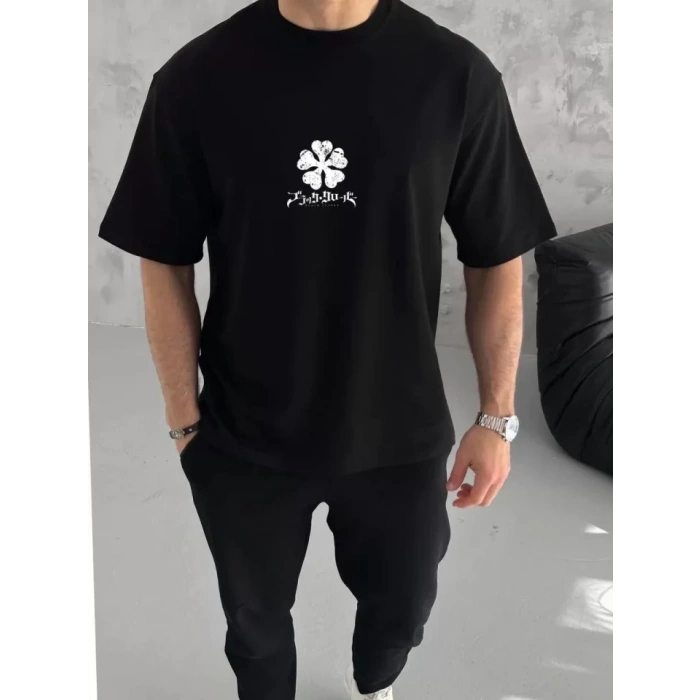 Biçomi Unisex Bisiklet Yaka Baskılı Oversize T-Shirt - Siyah