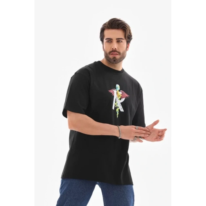 Biçomi Unisex Bisiklet Yaka Baskılı Oversize T-Shirt - Siyah