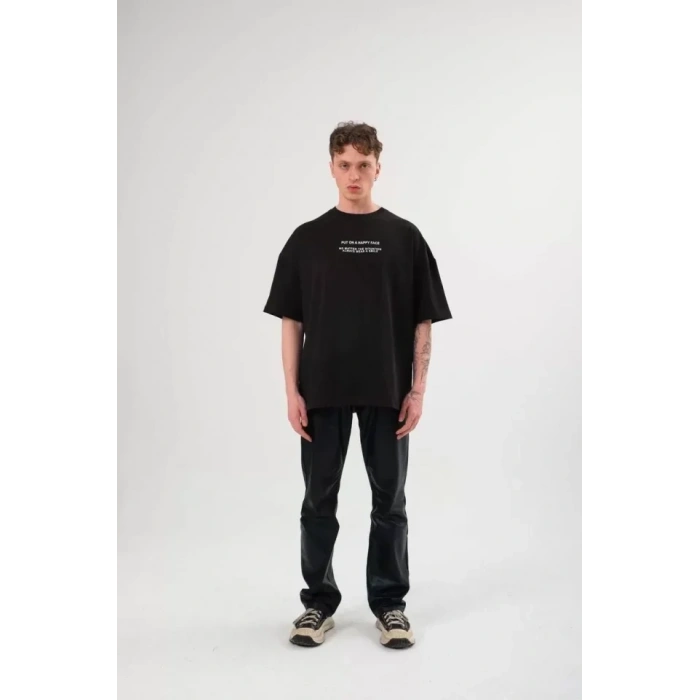 Biçomi Unisex Bisiklet Yaka Baskılı Oversize T-Shirt - Siyah