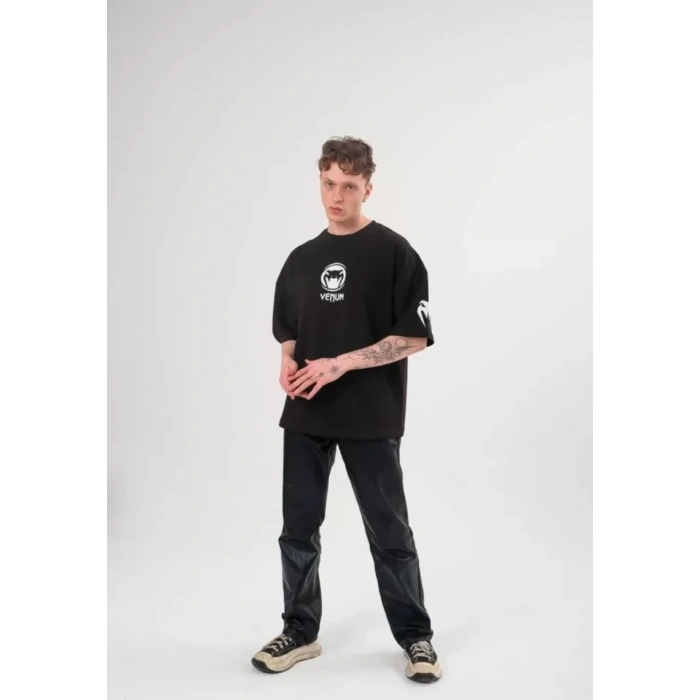 Biçomi Unisex Bisiklet Yaka Baskılı Oversize T-Shirt - Siyah